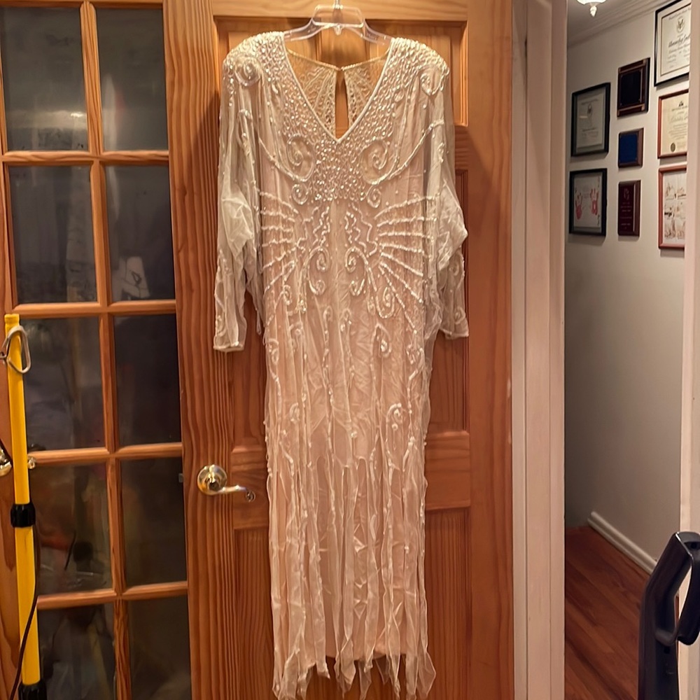 Woman’s High End Dressy Pinky Peach Gown with beads and Sheer Netted Sleeves
